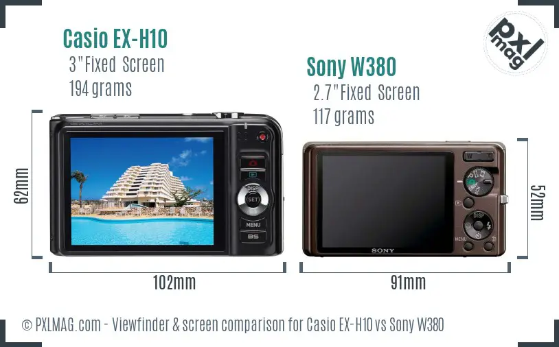 Casio EX-H10 vs Sony W380 Screen and Viewfinder comparison