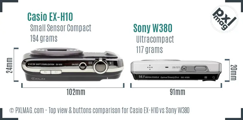 Casio EX-H10 vs Sony W380 top view buttons comparison