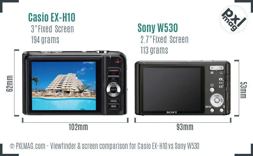 Casio EX-H10 vs Sony W530 Screen and Viewfinder comparison