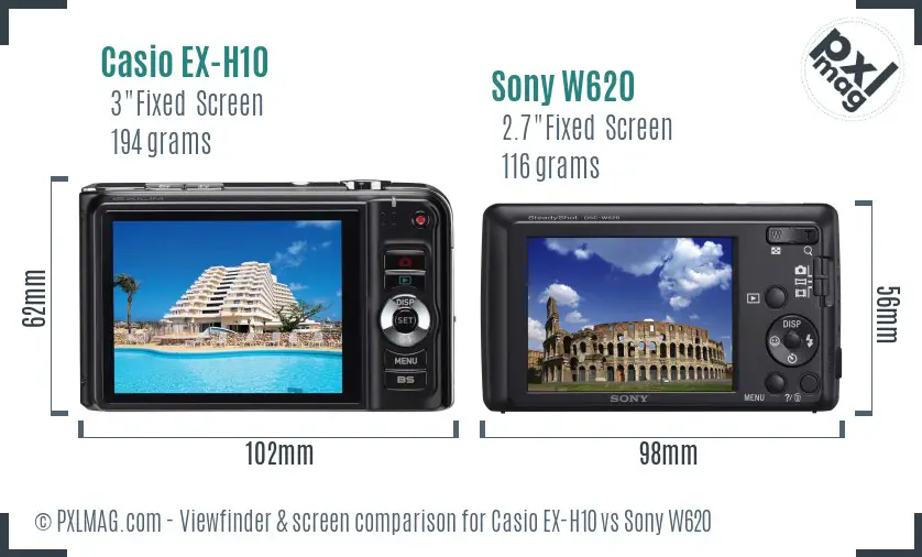 Casio EX-H10 vs Sony W620 Screen and Viewfinder comparison