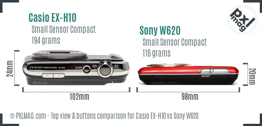 Casio EX-H10 vs Sony W620 top view buttons comparison