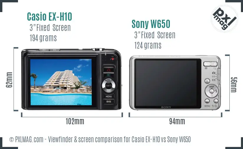 Casio EX-H10 vs Sony W650 Screen and Viewfinder comparison