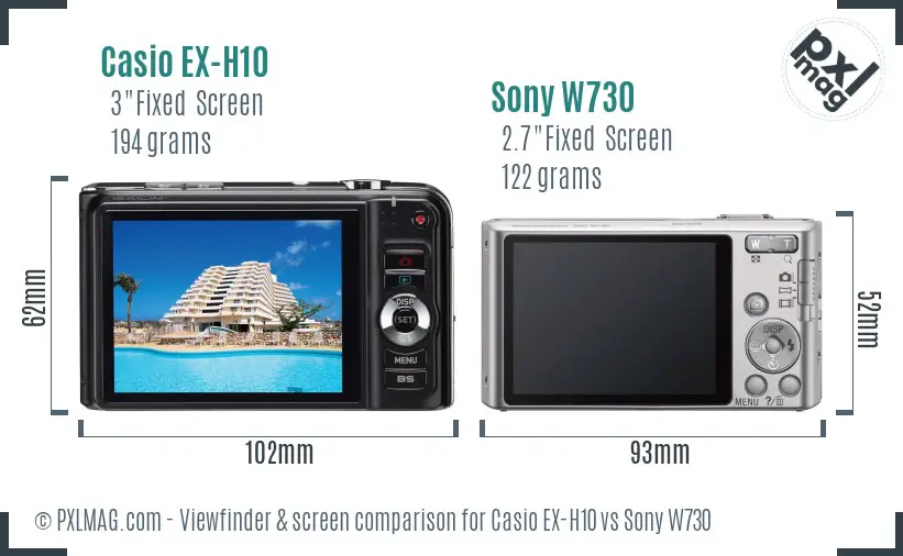 Casio EX-H10 vs Sony W730 Screen and Viewfinder comparison