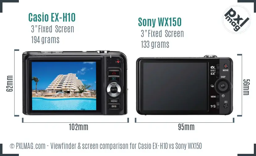 Casio EX-H10 vs Sony WX150 Screen and Viewfinder comparison