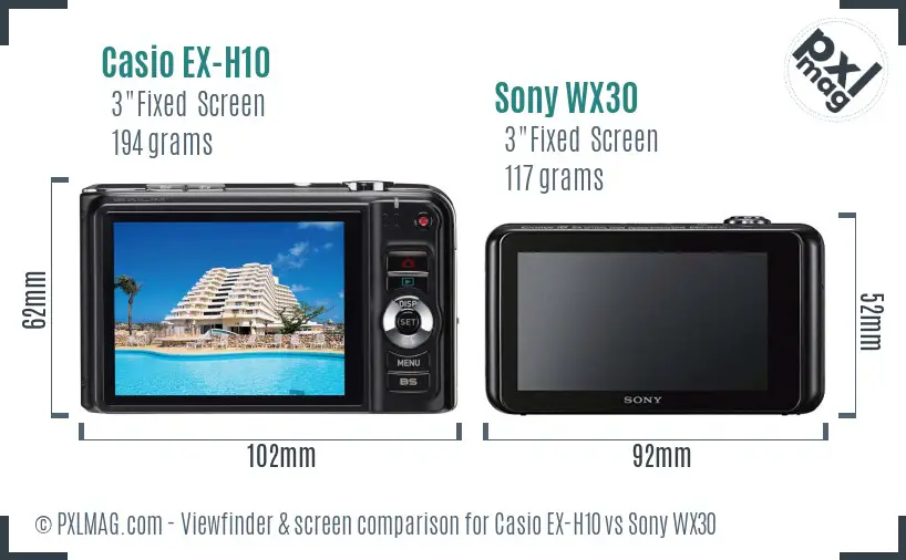 Casio EX-H10 vs Sony WX30 Screen and Viewfinder comparison