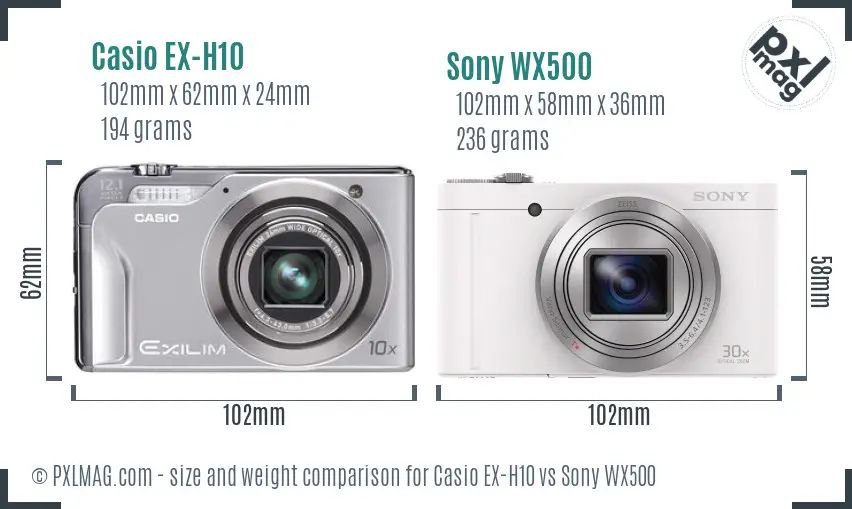 Casio EX-H10 vs Sony WX500 size comparison