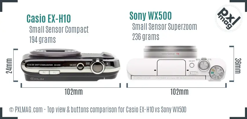 Casio EX-H10 vs Sony WX500 top view buttons comparison