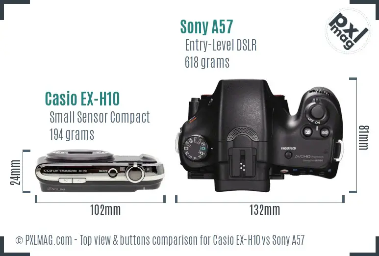 Casio EX-H10 vs Sony A57 top view buttons comparison