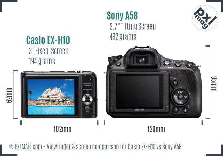 Casio EX-H10 vs Sony A58 Screen and Viewfinder comparison