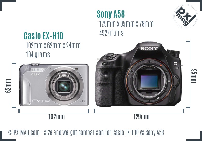 Casio EX-H10 vs Sony A58 size comparison