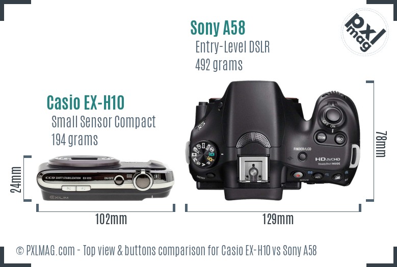 Casio EX-H10 vs Sony A58 top view buttons comparison