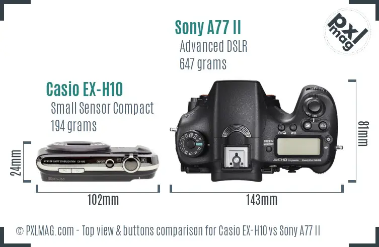 Casio EX-H10 vs Sony A77 II top view buttons comparison