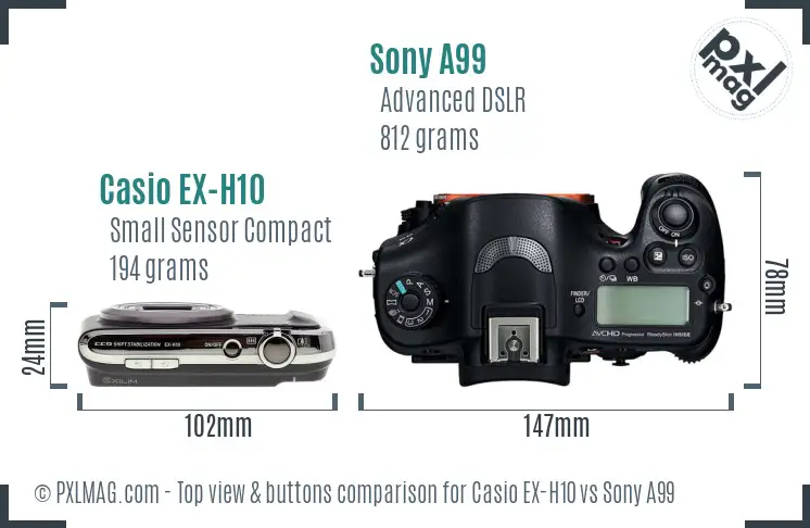 Casio EX-H10 vs Sony A99 top view buttons comparison Casio EX-H10 vs Sony A99 top view buttons comparison