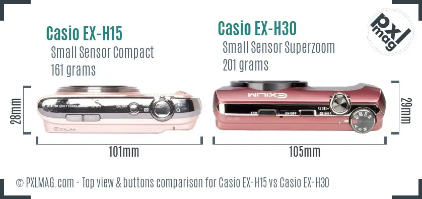 Casio EX-H15 vs Casio EX-H30 top view buttons comparison