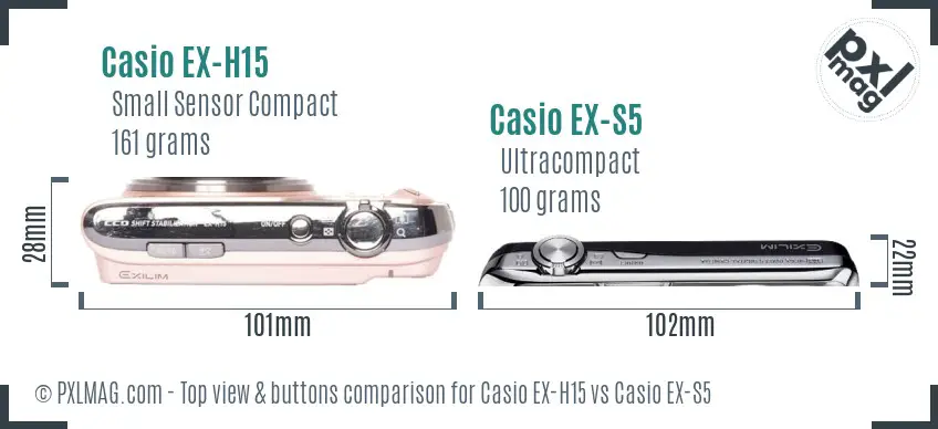 Casio EX-H15 vs Casio EX-S5 top view buttons comparison
