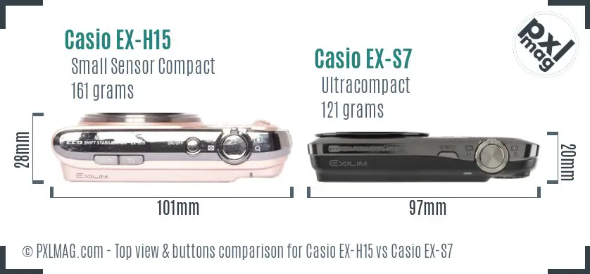 Casio EX-H15 vs Casio EX-S7 top view buttons comparison