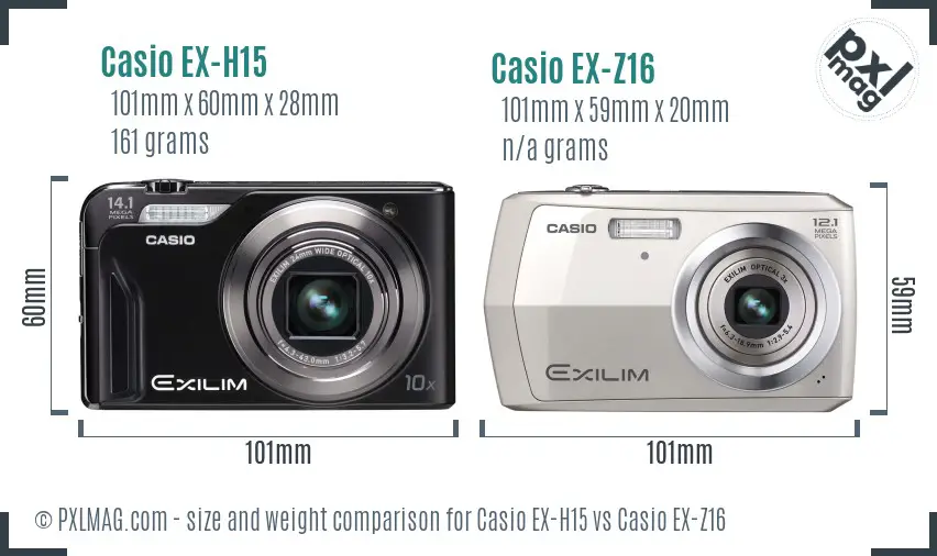Casio EX-H15 vs Casio EX-Z16 size comparison