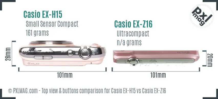 Casio EX-H15 vs Casio EX-Z16 top view buttons comparison
