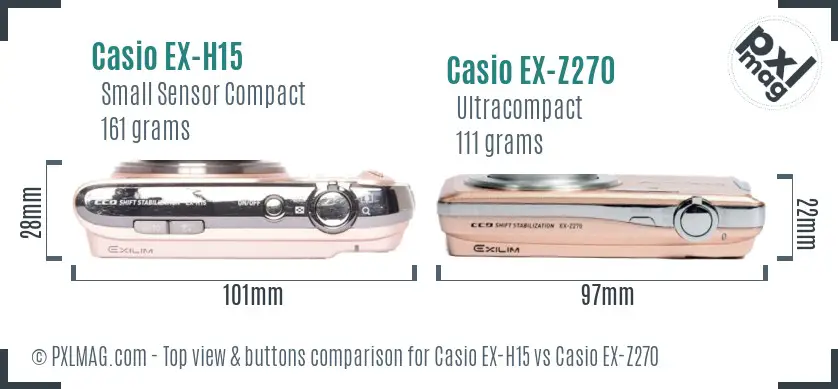 Casio EX-H15 vs Casio EX-Z270 top view buttons comparison