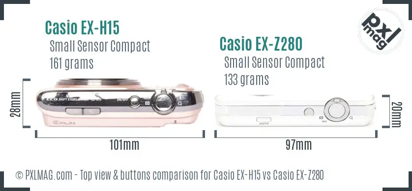 Casio EX-H15 vs Casio EX-Z280 top view buttons comparison