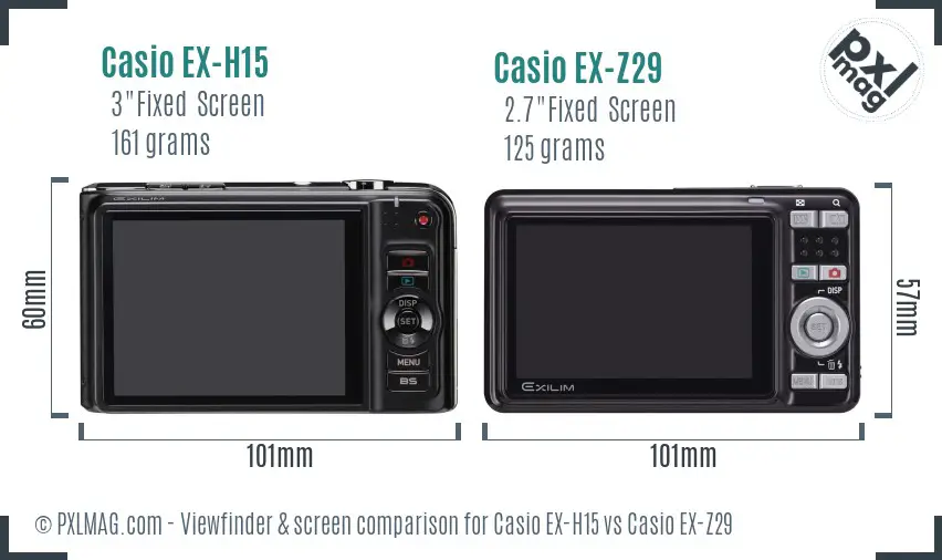 Casio EX-H15 vs Casio EX-Z29 Screen and Viewfinder comparison