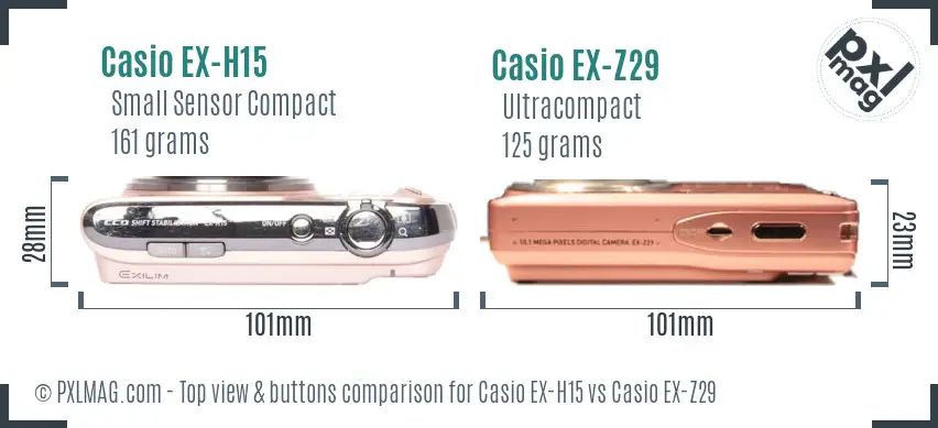 Casio EX-H15 vs Casio EX-Z29 top view buttons comparison