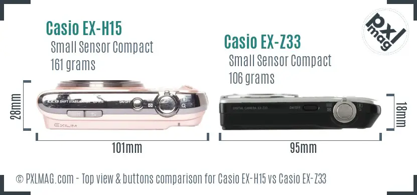 Casio EX-H15 vs Casio EX-Z33 top view buttons comparison
