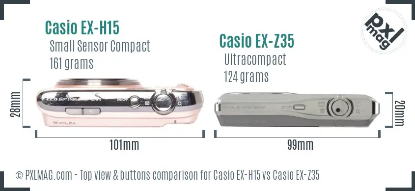 Casio EX-H15 vs Casio EX-Z35 top view buttons comparison