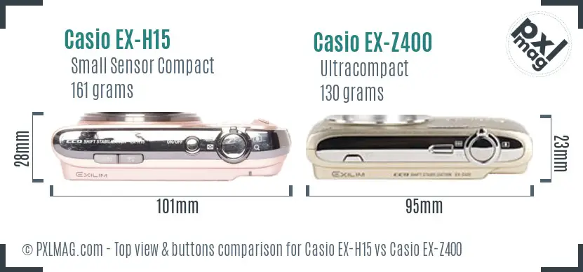 Casio EX-H15 vs Casio EX-Z400 top view buttons comparison