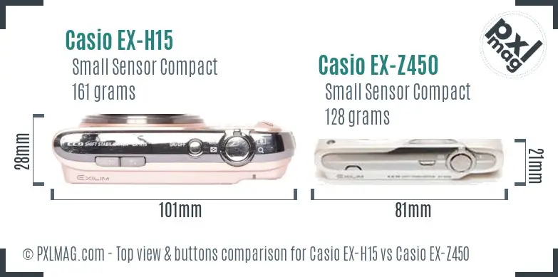 Casio EX-H15 vs Casio EX-Z450 top view buttons comparison