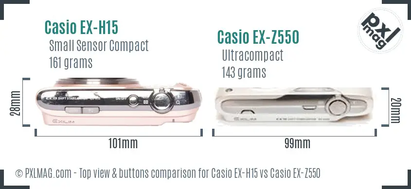 Casio EX-H15 vs Casio EX-Z550 top view buttons comparison