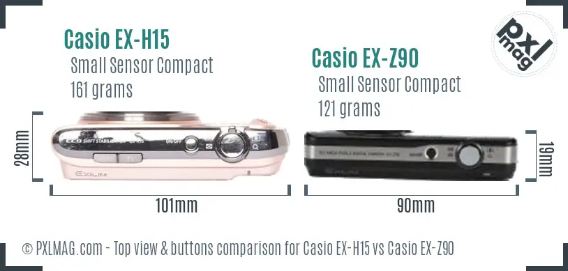 Casio EX-H15 vs Casio EX-Z90 top view buttons comparison