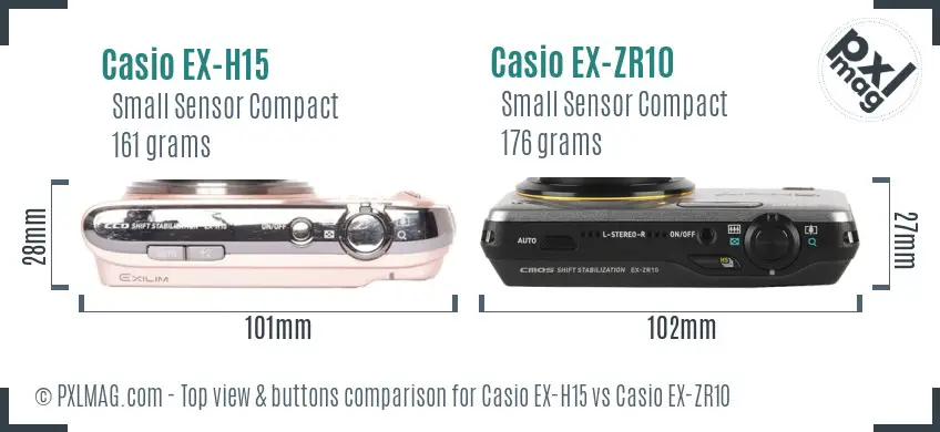 Casio EX-H15 vs Casio EX-ZR10 top view buttons comparison
