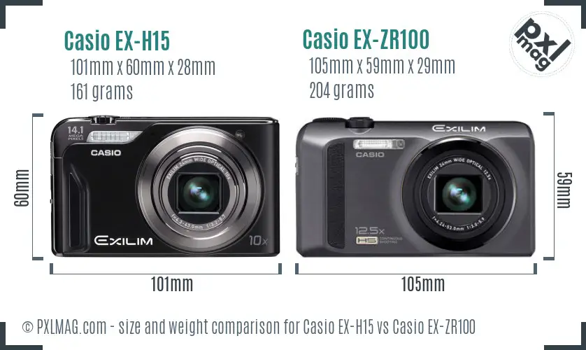 Casio EX-H15 vs Casio EX-ZR100 size comparison