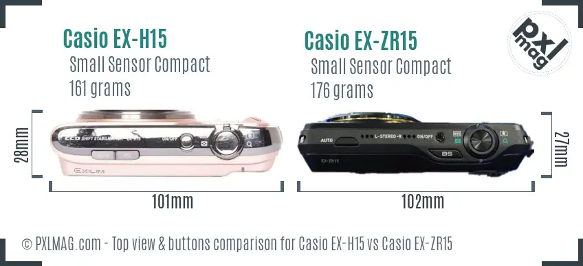 Casio EX-H15 vs Casio EX-ZR15 top view buttons comparison