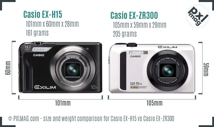 Casio EX-H15 vs Casio EX-ZR300 size comparison