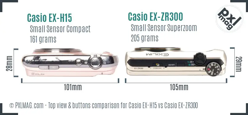 Casio EX-H15 vs Casio EX-ZR300 top view buttons comparison