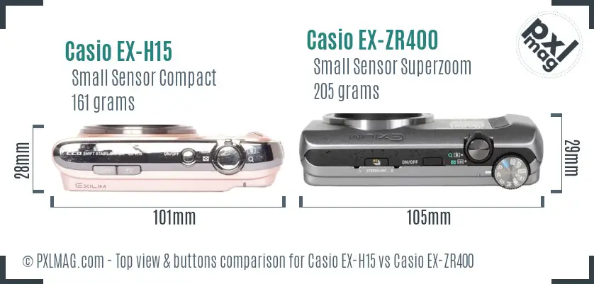 Casio EX-H15 vs Casio EX-ZR400 top view buttons comparison