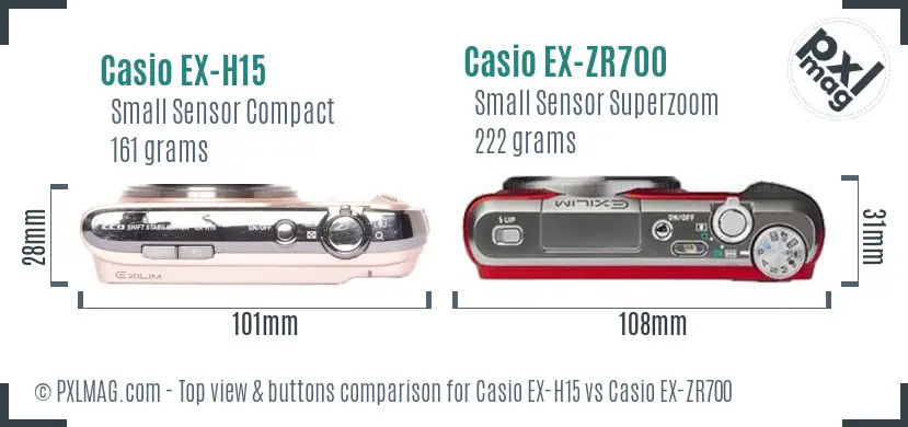 Casio EX-H15 vs Casio EX-ZR700 top view buttons comparison