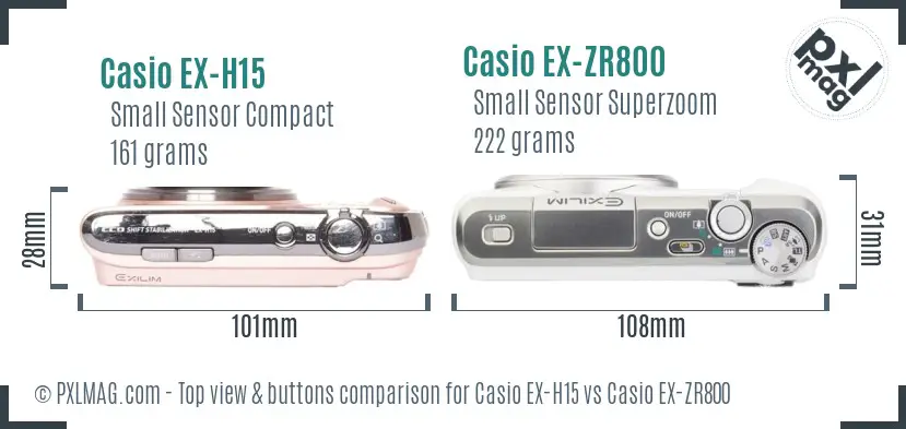 Casio EX-H15 vs Casio EX-ZR800 top view buttons comparison