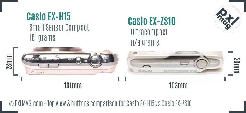 Casio EX-H15 vs Casio EX-ZS10 top view buttons comparison