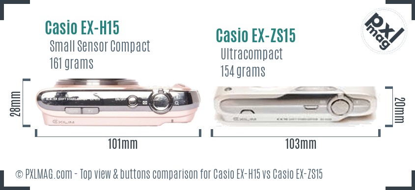 Casio EX-H15 vs Casio EX-ZS15 top view buttons comparison