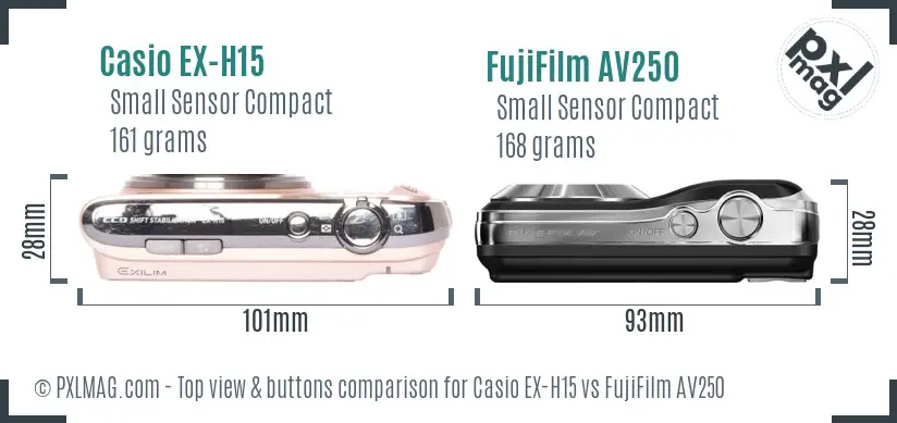 Casio EX-H15 vs FujiFilm AV250 top view buttons comparison Casio EX-H15 vs FujiFilm AV250 top view buttons comparison