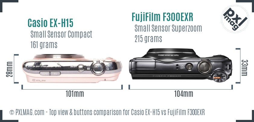 Casio EX-H15 vs FujiFilm F300EXR top view buttons comparison