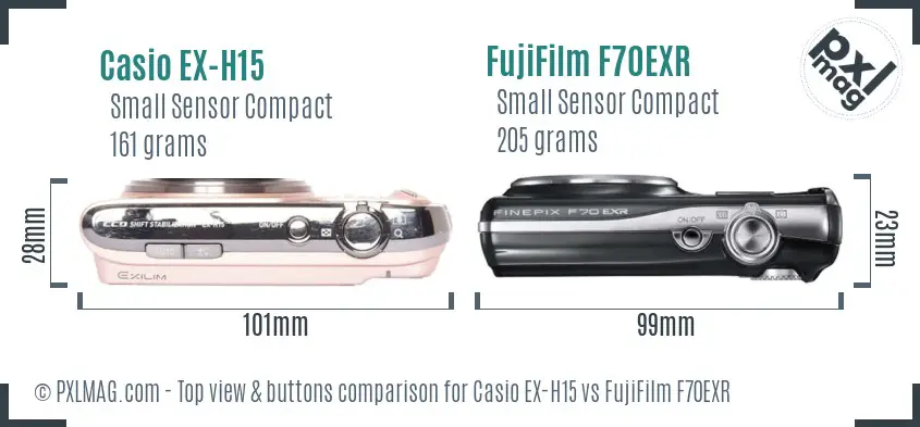 Casio EX-H15 vs FujiFilm F70EXR top view buttons comparison