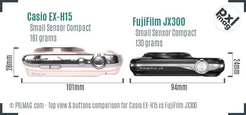 Casio EX-H15 vs FujiFilm JX300 top view buttons comparison