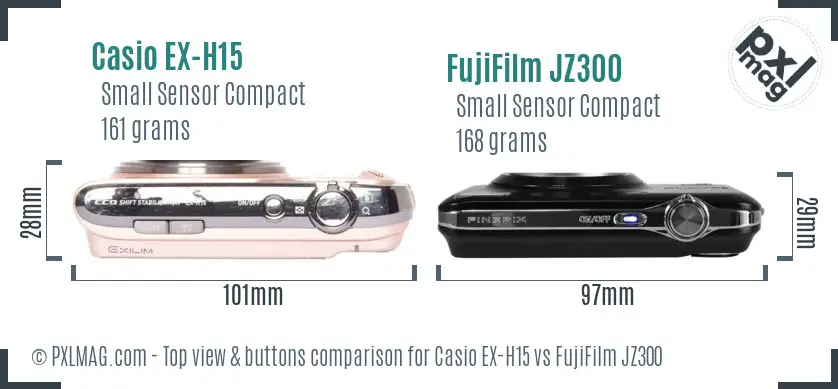 Casio EX-H15 vs FujiFilm JZ300 top view buttons comparison