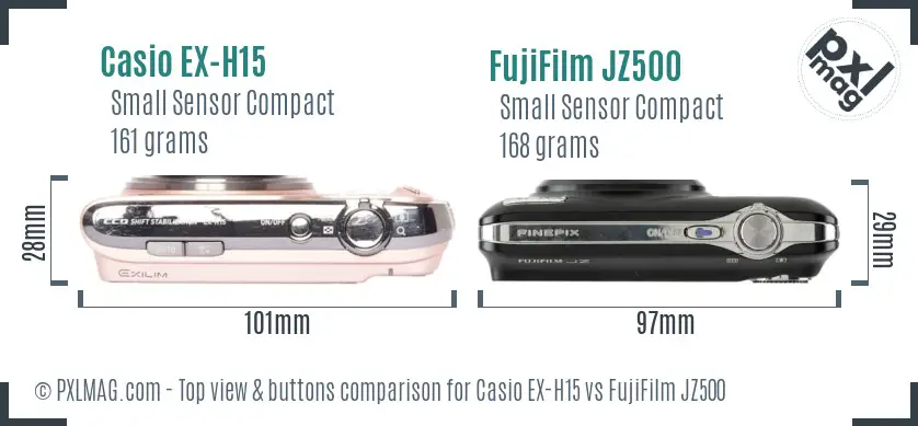 Casio EX-H15 vs FujiFilm JZ500 top view buttons comparison