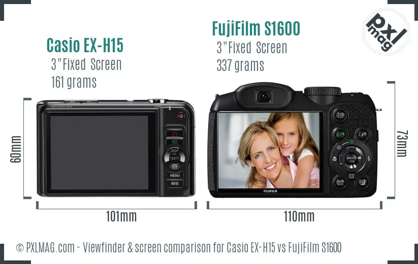 Casio EX-H15 vs FujiFilm S1600 Screen and Viewfinder comparison