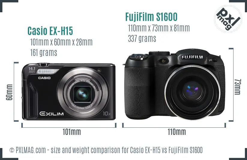 Casio EX-H15 vs FujiFilm S1600 size comparison